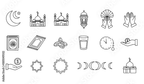 Islamic fasting Ramadan line icon set with thin editable stroke