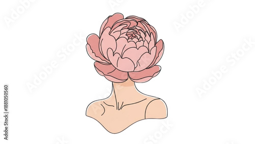 A stylized illustration of a woman's head and shoulders with a large flower replacing her face, viewed from the front