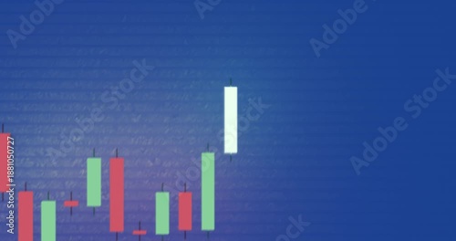 Stock market chart with vibrant candlesticks on black background. 3D scene with depth of field. Green and red candles trends on blue background.