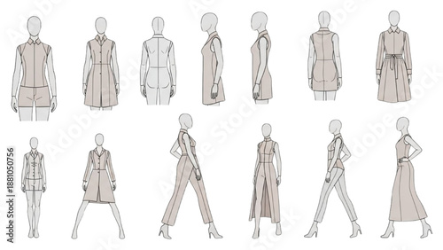 Collection of fashion illustrations showcasing various clothing styles and poses from different viewpoints