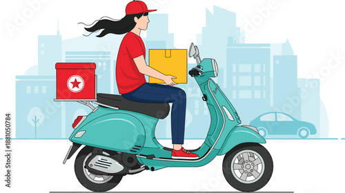 Female delivery courier riding turquoise motor scooter carrying cardboard box package through city street for fast express shipping service concept