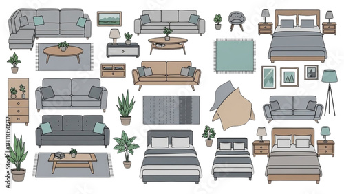 Collection of various furniture and home decor items displayed in a clean and organized illustration