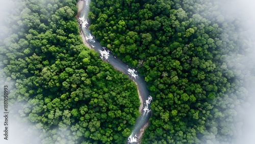 Aerial view of a winding river flowing through a lush, dense green forest with cloudy edges