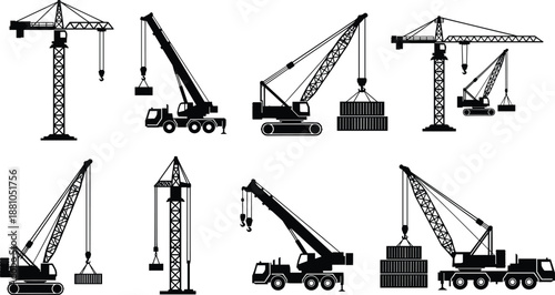 Construction crane silhouette set with tower and mobile cranes lifting heavy cargo industrial machinery vector illustration