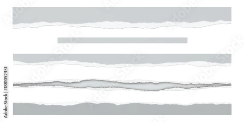 Set of gray torn paper strips with ripped edges and a single rip element, isolated on white