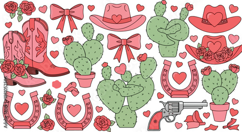 Collection of charming pink and green western themed icons featuring cowboy boots hats cacti bows horseshoes and a revolver on transparent background