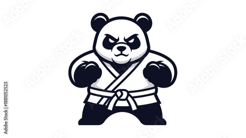 Cartoon panda bear in martial arts uniform on white background