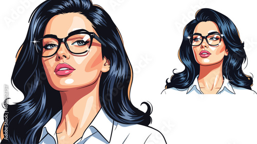 Stunning pop art style portrait of a confident businesswoman wearing stylish black framed glasses with dark wavy hair on transparent background