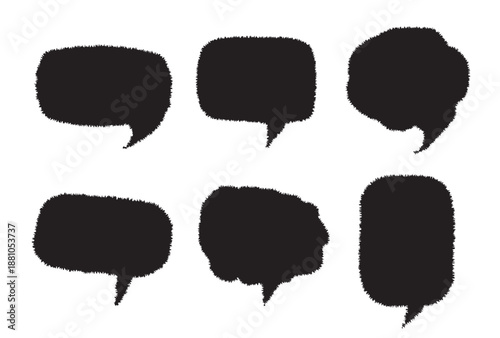 Set of black hand drawn comic speech bubbles with textured edges and tails on white background