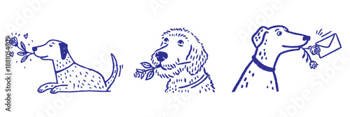 Cute hand drawn dog doodle holding a rose in mouth for valentine day romantic pet illustration