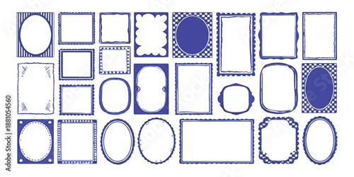 A collection of hand-drawn blue doodle frames and borders in various shapes