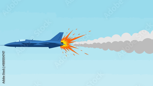 Military jet experiencing engine failure with smoke and flames