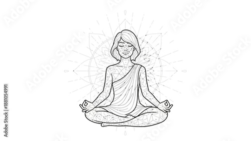 a Tranquil Meditating Figure with Geometric Mandala for Mindful Teen Coloring