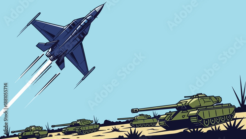 Military aircraft and tanks in desert combat scenario