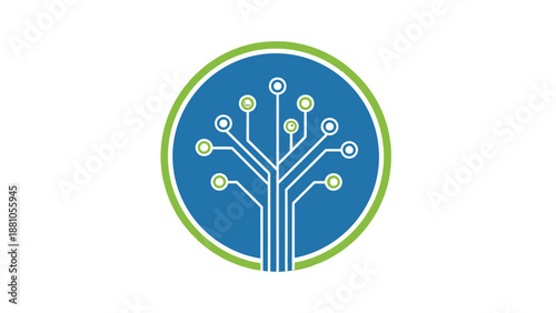 Stylized tree with circuit connections in a blue circle.