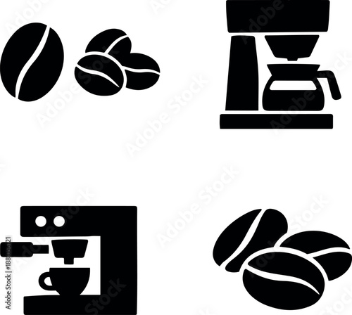 Black coffee icons set featuring roasted beans, drip coffee maker, and professional espresso machine equipment