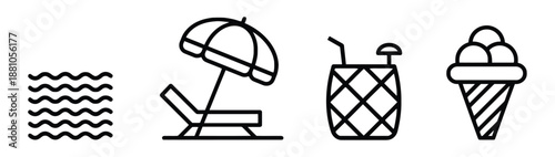 Beach and summer relaxation related icons in linear style