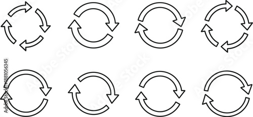 Collection of various black and white outline refresh recycle circular arrow icon sets
