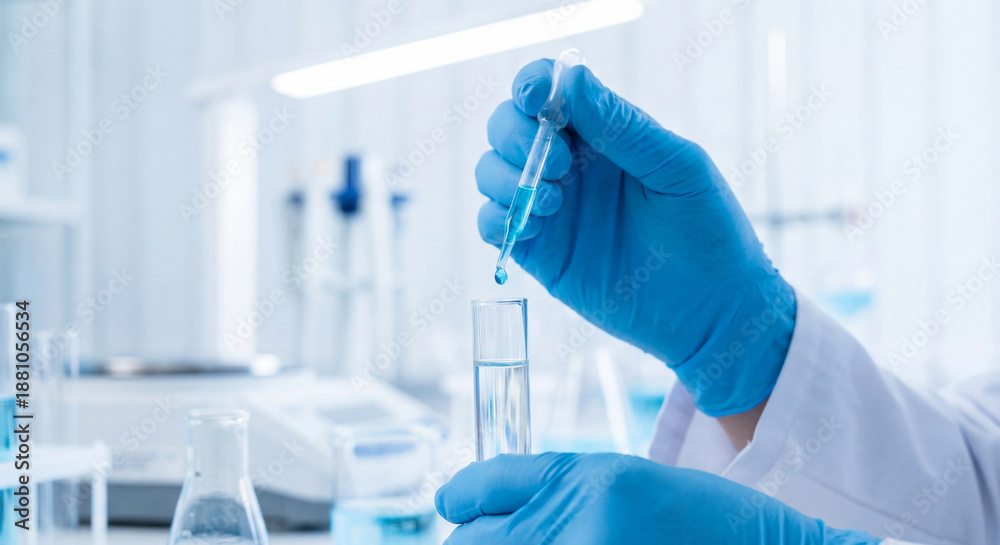 Fototapeta premium Scientist hand using pipette to drop blue liquid into test tube in laboratory