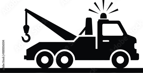 Simple black and white icon illustration of a tow truck ready to assist disabled vehicles roadside