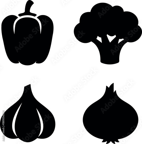 Minimalist black silhouette icons of healthy vegetables including bell pepper, broccoli, garlic, and onion set.