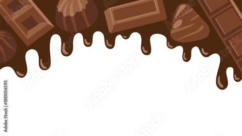 A delicious assortment of chocolates on a white background with melted chocolate