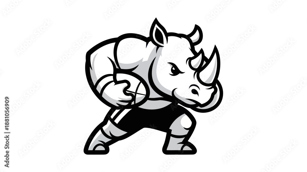 Obraz premium Rugby rhino mascot in action with a ball isolated on white background