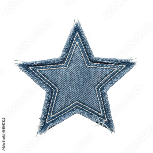 Distressed denim star patch with white stitching isolated on transparent background