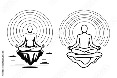 Spiritual Meditating Figure Sitting on a Floating Rock with Halo
