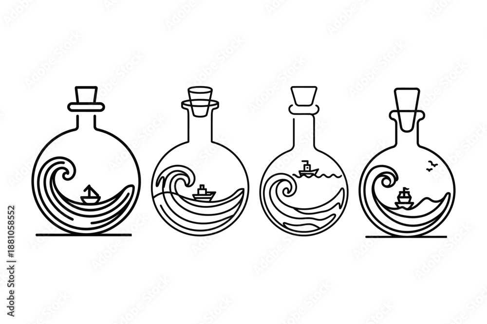 Obraz premium Small sailboats inside glass bottles with ocean wave art