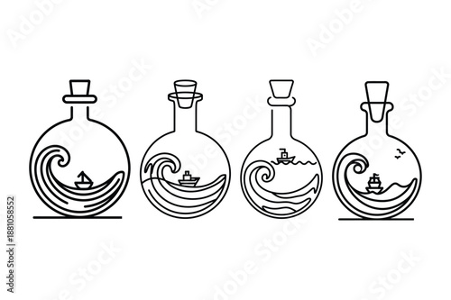Small sailboats inside glass bottles with ocean wave art