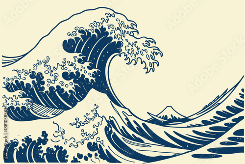 Japanese Great Wave vector illustration, a vintage oriental art style inspired by Hokusai. Retro tsunami design with Mount Fuji in the background, a classic symbol of nature and sea power.