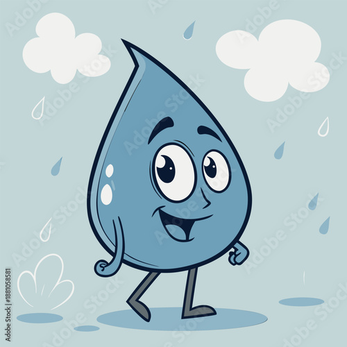 Blue water drop cartoon character mascot smiling and walking in the rain on a cloudy day, flat vector illustration. Cute fresh water droplet graphic for hydration, ecology, or weather concepts.
