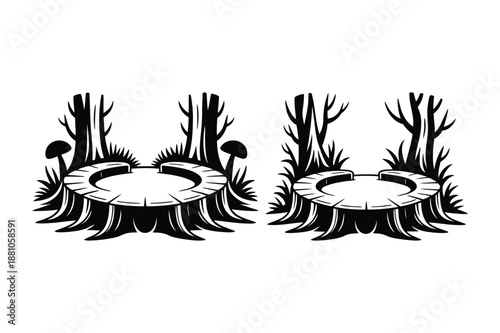 Tree stump podiums in forest landscape silhouette set