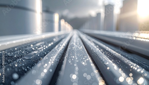 Cityscape Rainscape: A captivating urban landscape features metal rails glistening with raindrops under a dramatic sky, evoking a sense of tranquility.