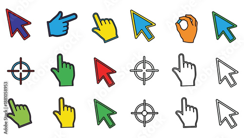 a collection of various colorful cursor icons and pointers