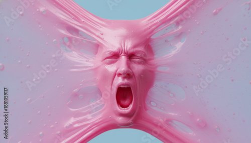 Conceptual 3d illustration of a screaming human face trapped in a stretchy pink sticky substance