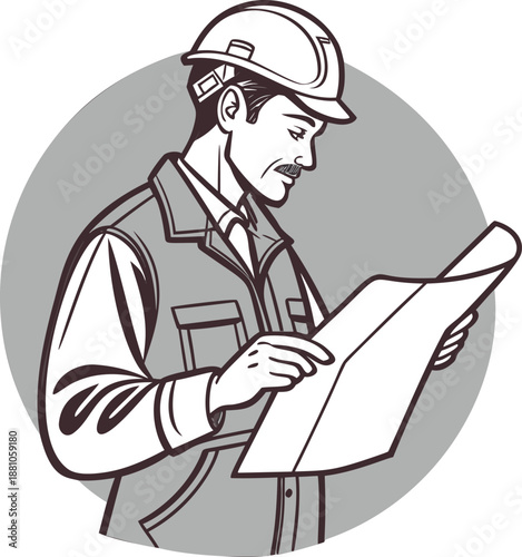 Wallpaper Mural Engineer or architect reading a blueprint, a black and white line art drawing of a smiling man in a hard hat. Construction worker inspecting a plan, representing building and architecture. Torontodigital.ca