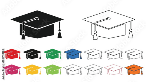 Graduation cap icons in various colors and styles for educational themes