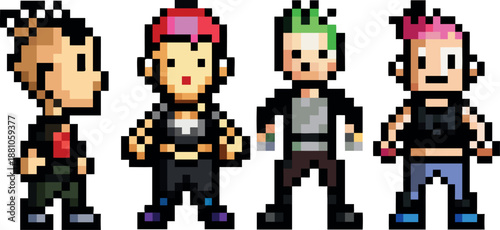 Pixel people set, a collection of four 8 bit characters in a punk style with colorful hair. Game asset drawing featuring a retro sprite of diverse youth culture and fashion.