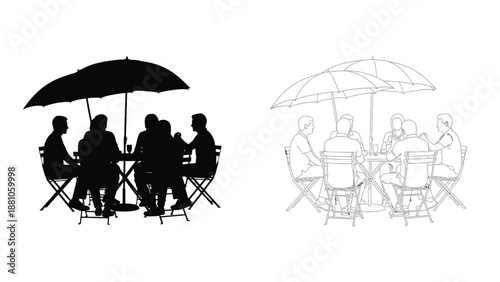 People gathered around tables with umbrellas depicted in a black and white style