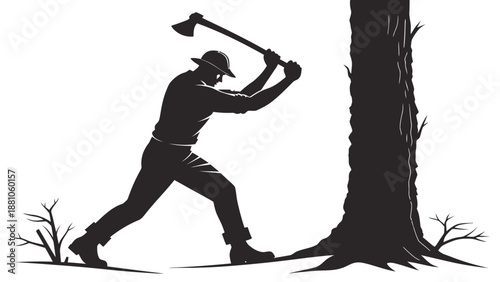 Man in silhouette chopping tree with axe in forest
