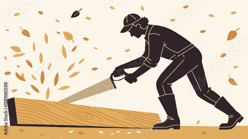 Man cutting wood with a saw in autumn