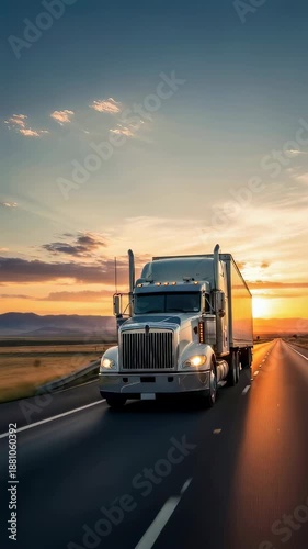 Semi trailer truck driving fast on desert highway during golden hour sunset. Long-haul commercial vehicle for cargo transportation. Vertical video