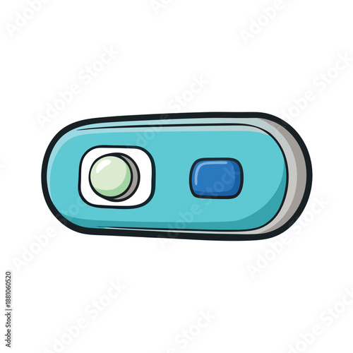 A cartoonish illustration of a device with buttons and a light