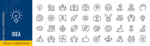 Idea web icons in line style. Innovation, creative, problem solving, light bulb, brainstorming, management, collection. Editable stroke. Vector illustration.