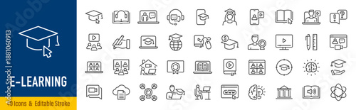 E-learning web icon set in line style. E-book, video tutorial, mentor, distance learning, video and audio courses, collection. Editable stroke. Vector illustration.