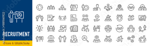 Recruitment web icons in line style. Headhunting, career, resume, work group, candidate, job hiring, collection. Editable stroke. Vector illustration.