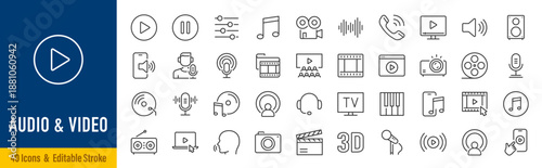 Audio and Video web icons in line style. Cinema, speaker, online, picture, play button, music, collection. Editable stroke. Vector illustration.