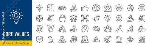 Core Values web icon set in line style. Innovation, integrity, customers, accountability, teamwork, goals, motivation collection. Editable stroke. Vector illustration.